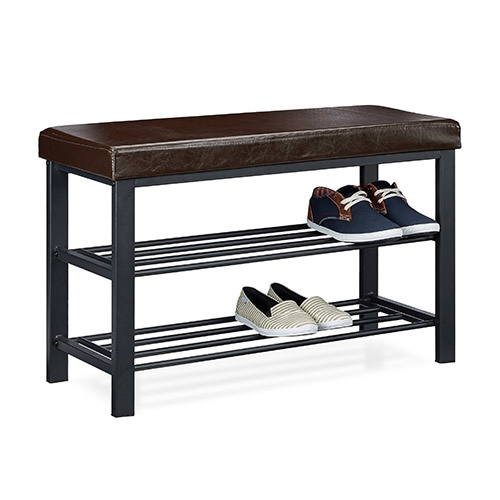 Brun skoreol med siddeplads i kunstlæder