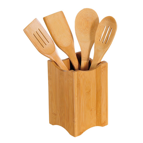 Bambus køkkenredskaber med holder - 5 dele
