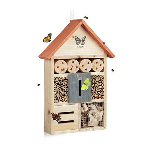 Insekthotel i træ med orange tag