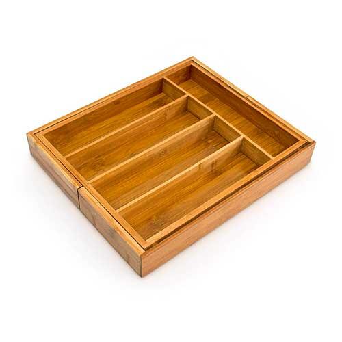Justerbar bestikbakke i bambustræ - 37 x 31,5 x 5 cm.